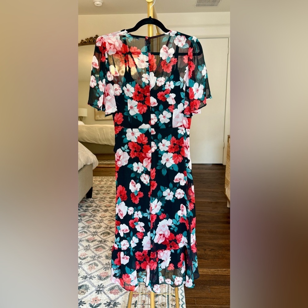 Calvin Klein Faux Wrap Black Red Floral Midi Wrap Dress - Size 8 - Picture 7 of 11